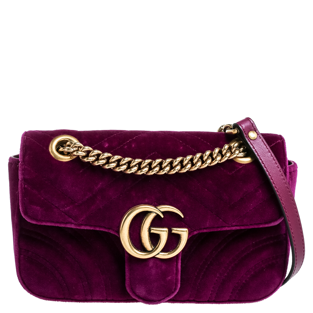 Pre Owned Gucci Purple Velvet Small GG Marmont Shoulder Bag