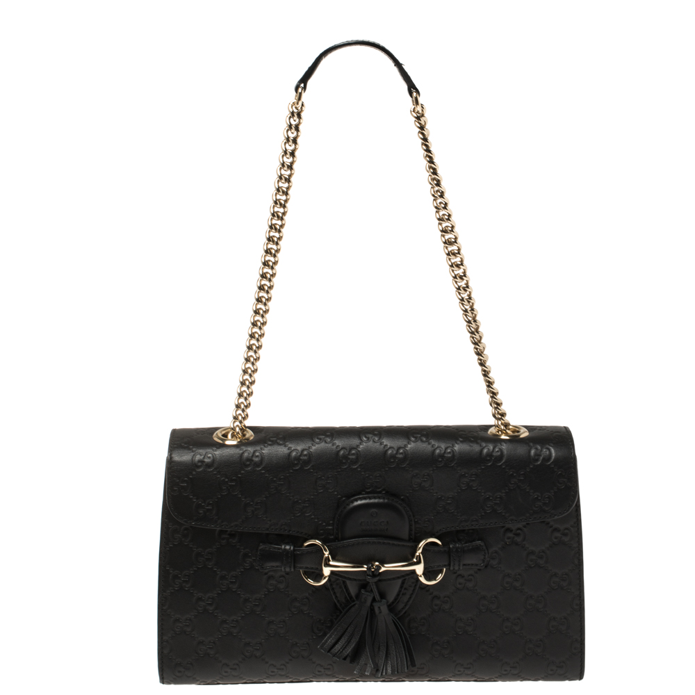 Pre Owned Gucci Black Guccissima Leather Medium Emily Chain Shoulder Bag
