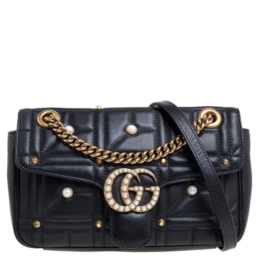 Gucci Black Leather Small GG Marmont Pearly Shoulder Bag Gucci | TLC