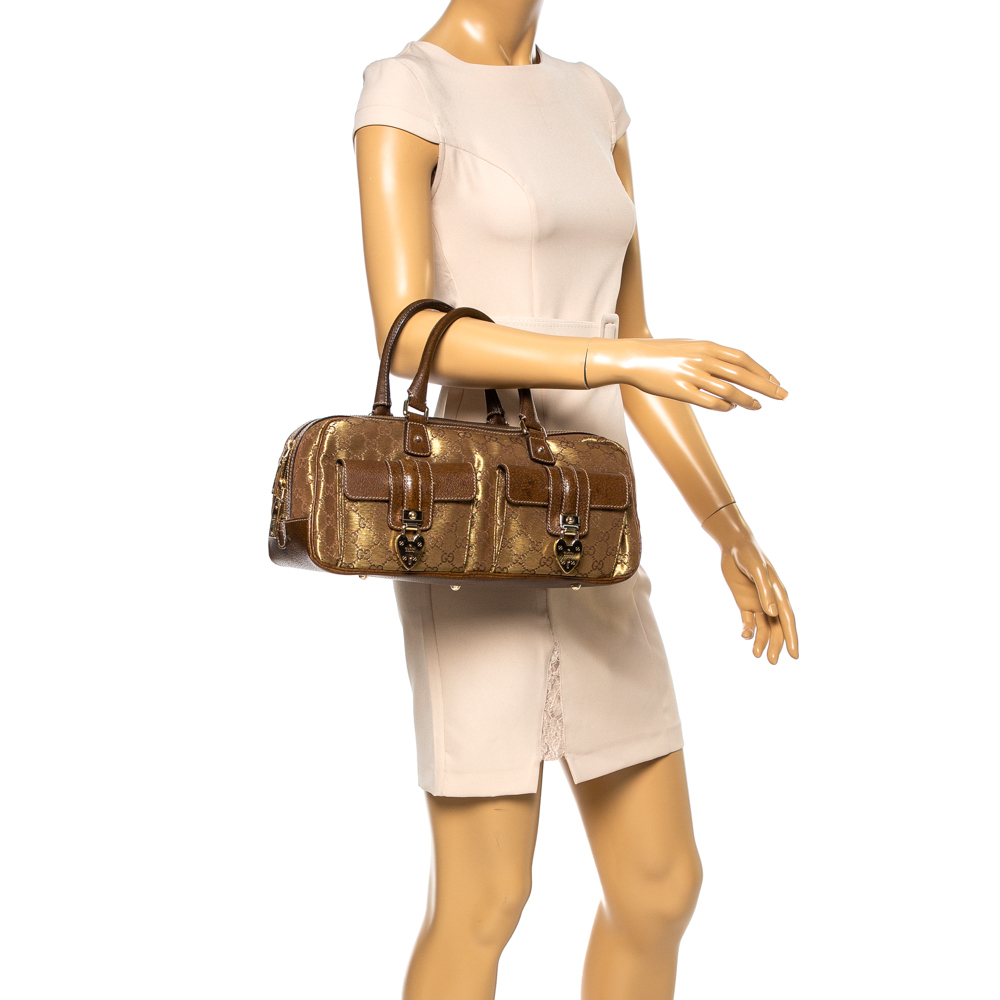 

Gucci Gold/Brown GG Canvas and Leather Heart Lock Satchel