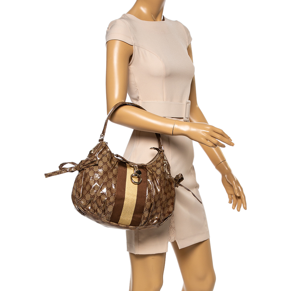 

Gucci Brown GG Crystal Canvas Web Stripe Hobo