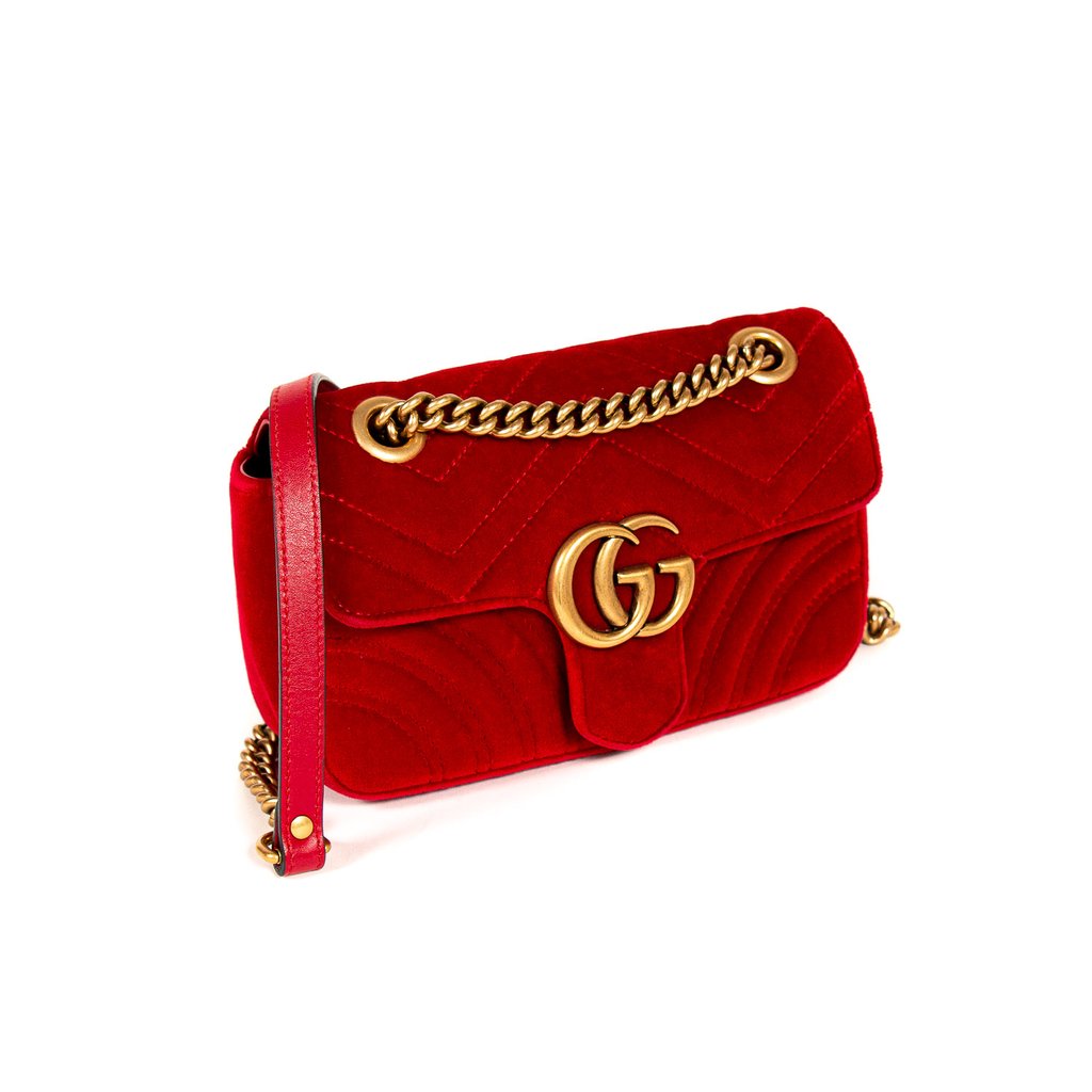 

Gucci Red Chevron Velvet GG Mini Marmont Matelassé Bag