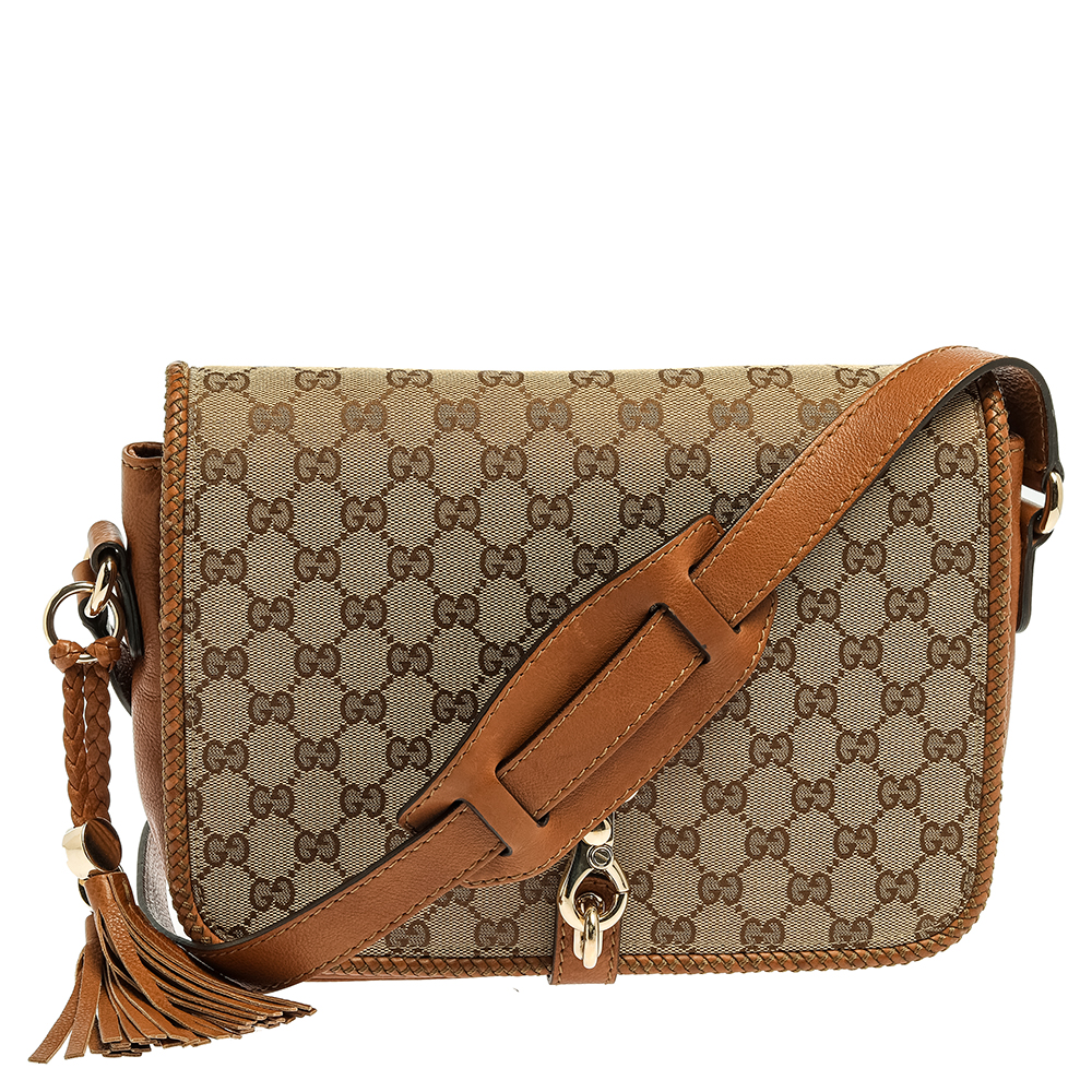 Pre Owned Gucci Beige/Brown GG Canvas and Leather Medium Marrakech Tassel Messenger Bag