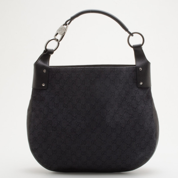 مملوكة مسبقًا Gucci Black G Details Buckle Denim Canvas Medium Hobo
