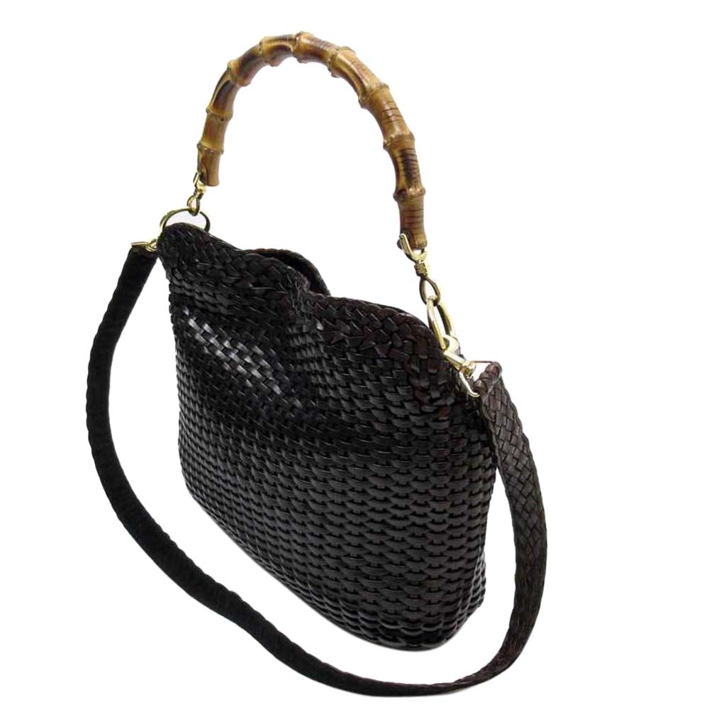 

Gucci Black Leather Woven Leather Bamboo Tote, Brown