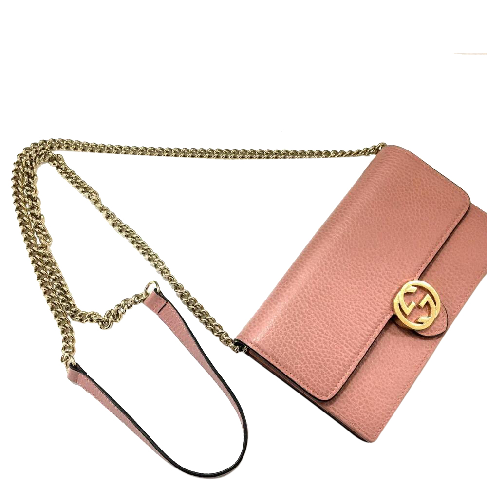 

Gucci Pink Leather Interlocking G Chain Wallet on Strap Bag