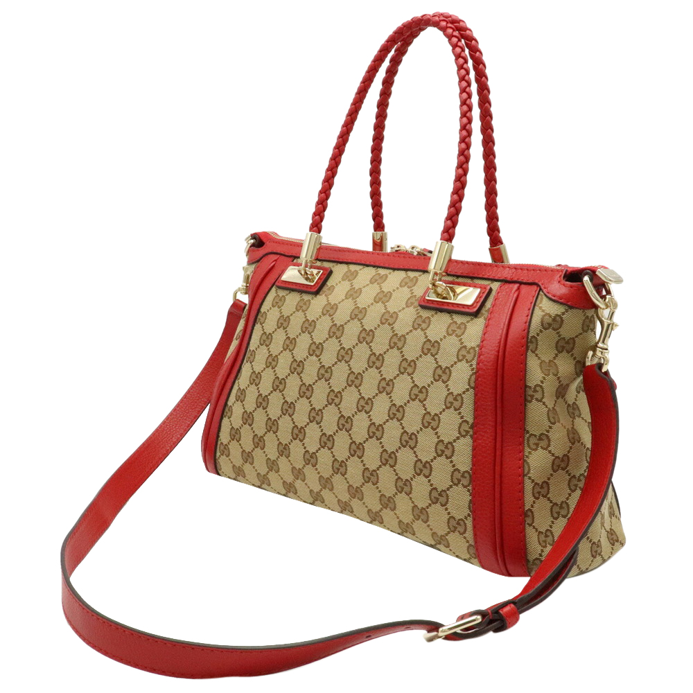 

Gucci Brown/Red GG Canvas Leather trim Bella Convertible Tote Bag