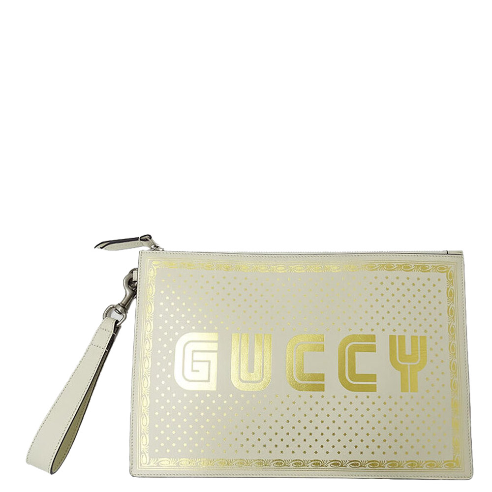 GUCCI IVORY/GOLD-TONE METALLIC CALFSKIN LEATHER GUCCY PRINTED SEGA POUCH