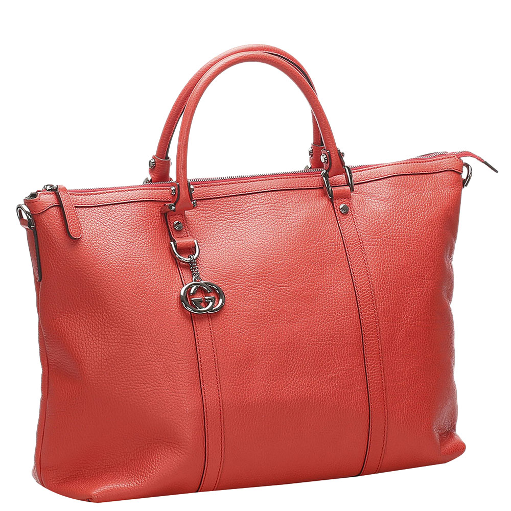 

Gucci Red Leather GG Charm Tote Bag