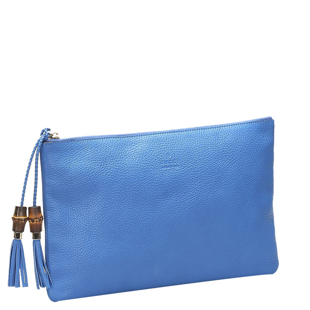 

Gucci Blue Leather Bamboo Braided Tassel Zip Clutch Bag