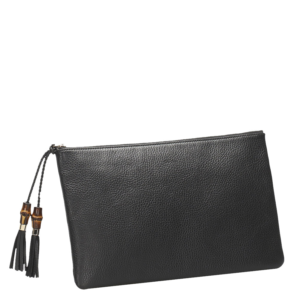 

Gucci Black Leather Bamboo Braided Tassel Zip Clutch Bag