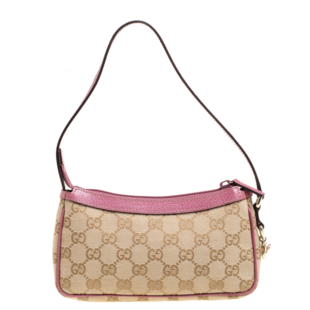 Gucci Pink/Beige GG Canvas and Leather Charm Pochette Bag Gucci