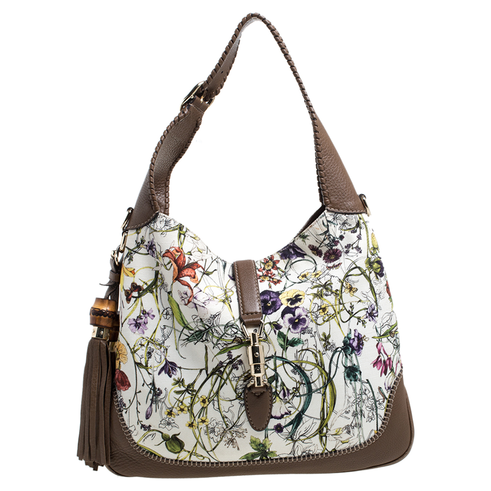 مملوكة مسبقًا Gucci White Flora Canvas and Leather Large Jackie O Hobo