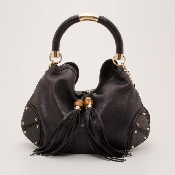 Pre Owned Gucci Black Leather Indy Top Handle Bag