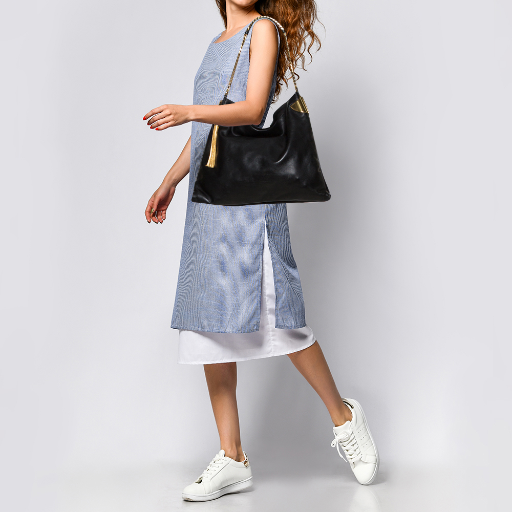 

Gucci Black Leather 1970 Tassel Chain Hobo