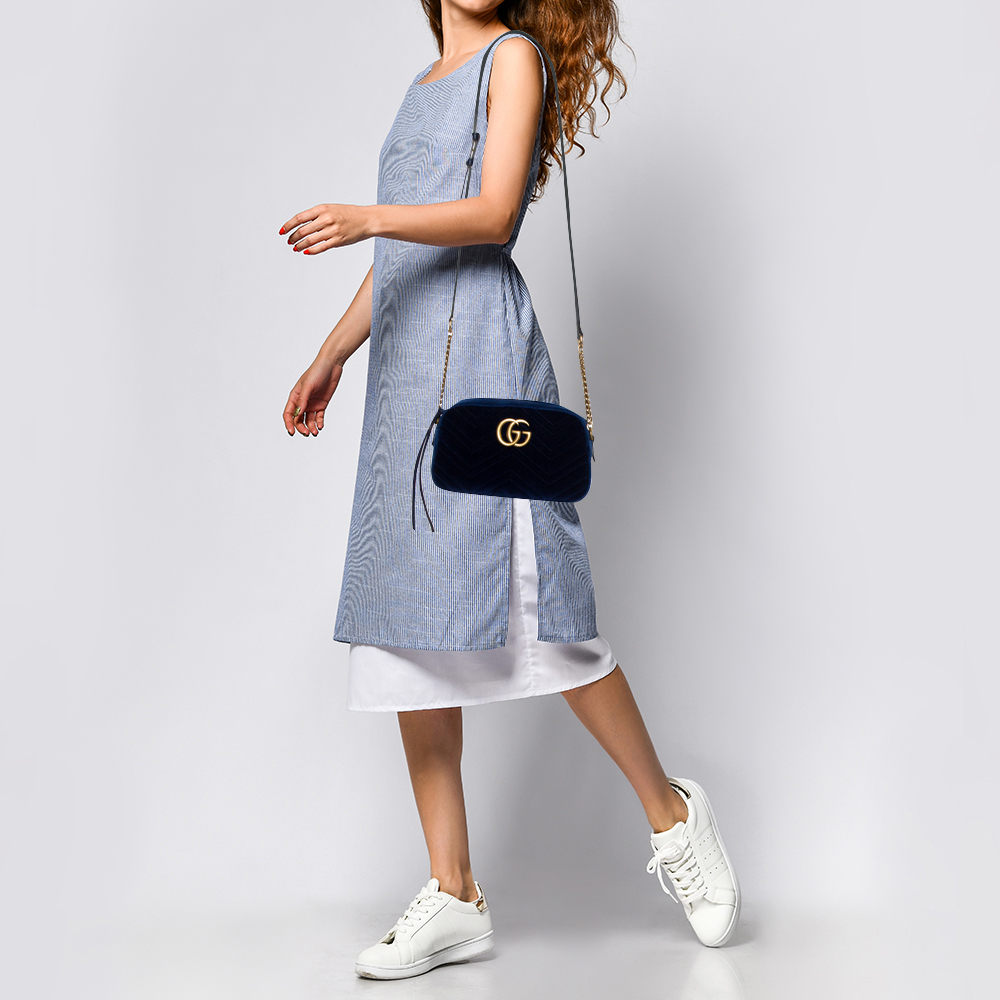

Gucci Blue Matelasse Velvet Small GG Marmont Shoulder Bag