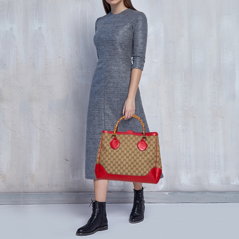 

Gucci Red/Beige GG Canvas and Leather Bamboo Tote