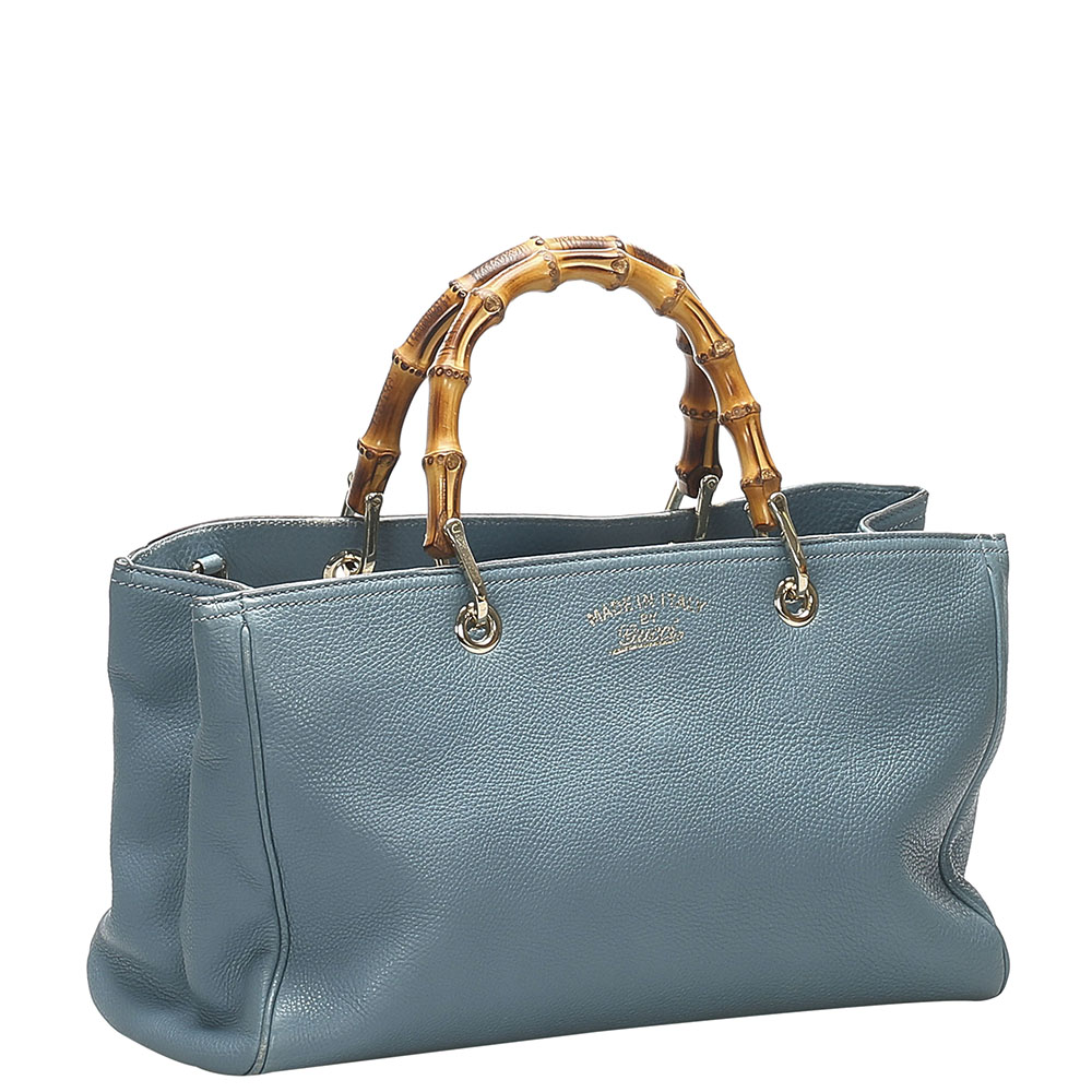 

Gucci Blue Leather Bamboo Shopper Tote Bag