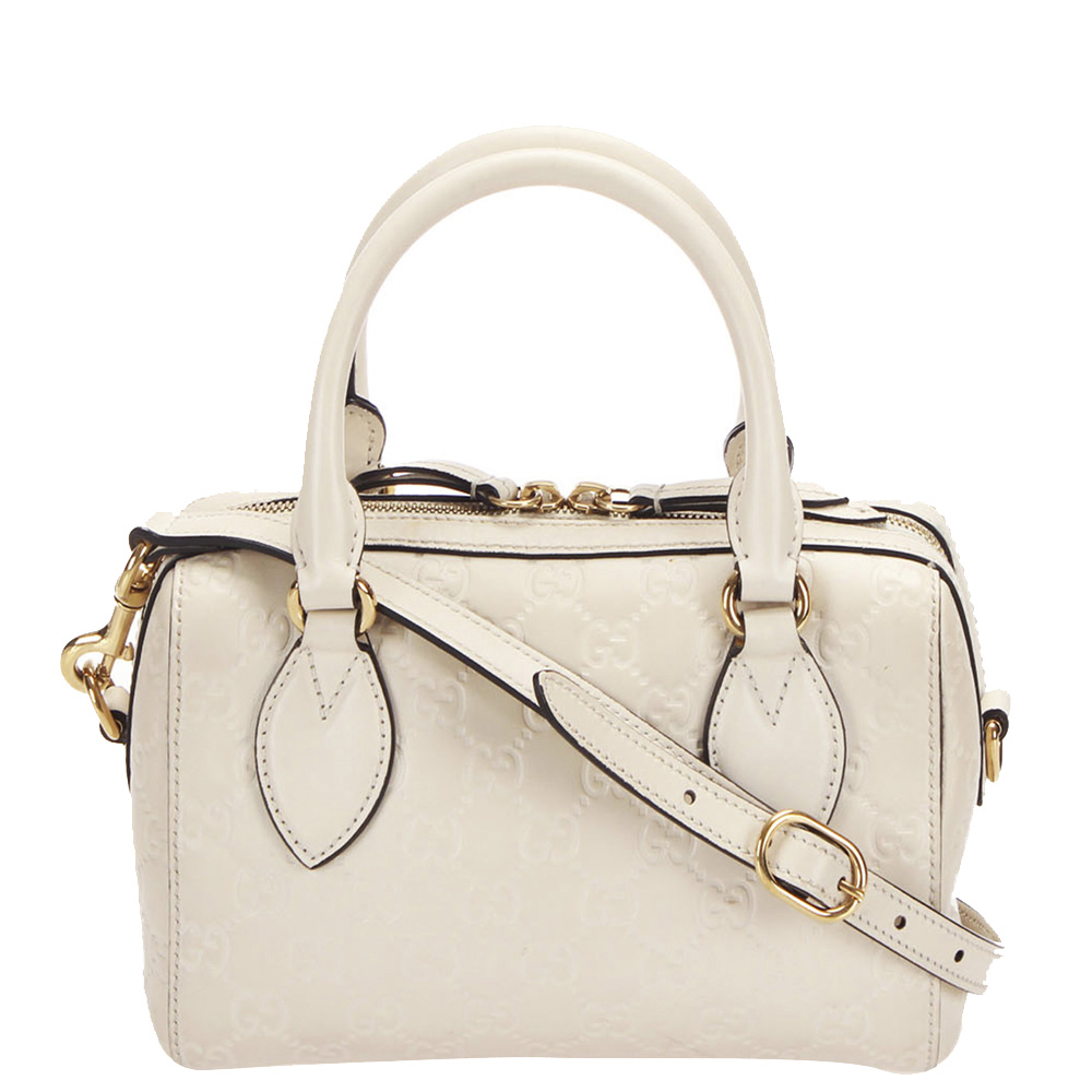 Pre-owned Gucci Ssima Leather Boston Bag In White