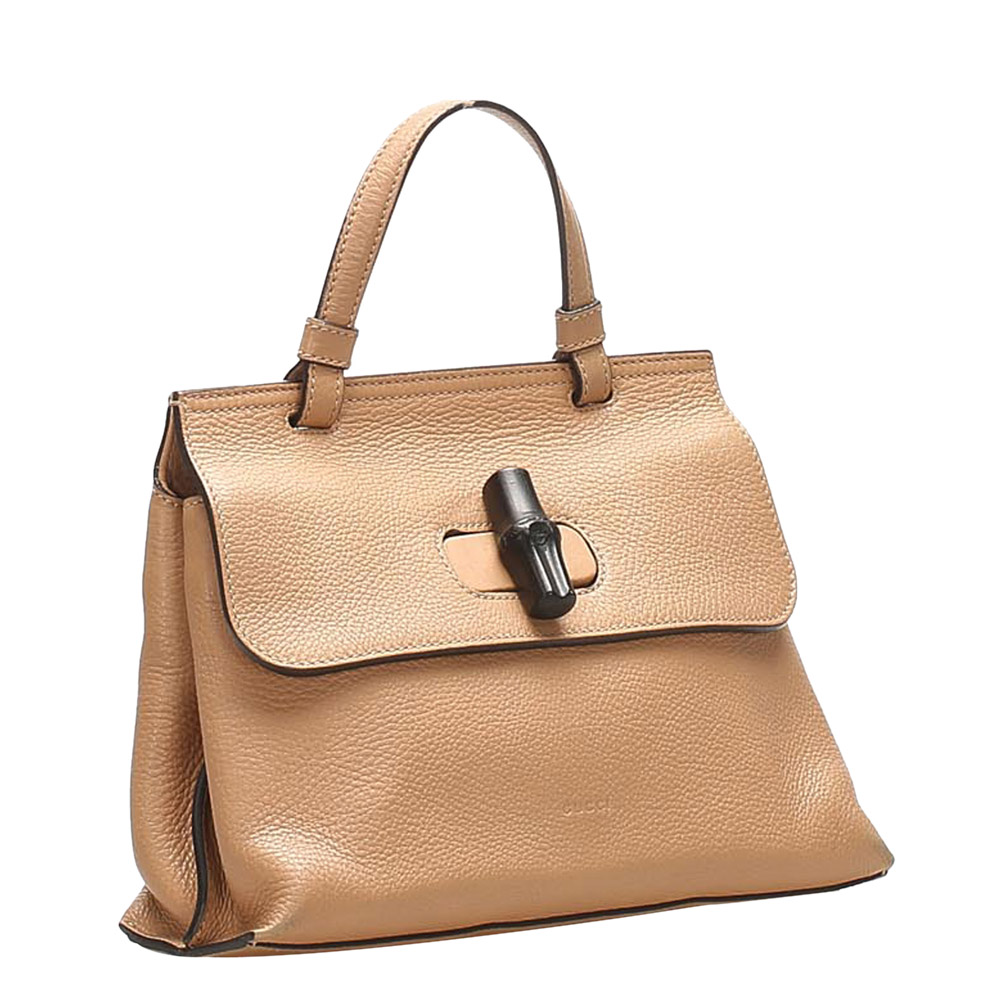 

Gucci Brown Leather Bamboo Daily Bag, Beige