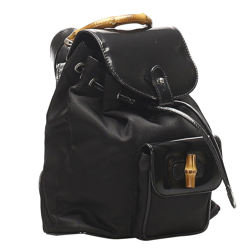 

Gucci Black Patent Leather/ Nylon Bamboo Drawstring Backpack Bag
