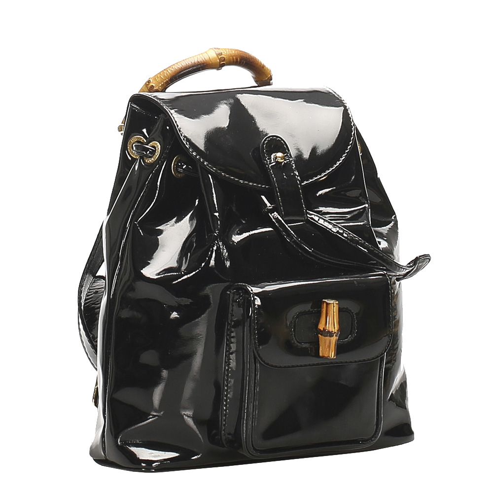 

Gucci Black Patent Leather Bamboo Drawstring Backpack