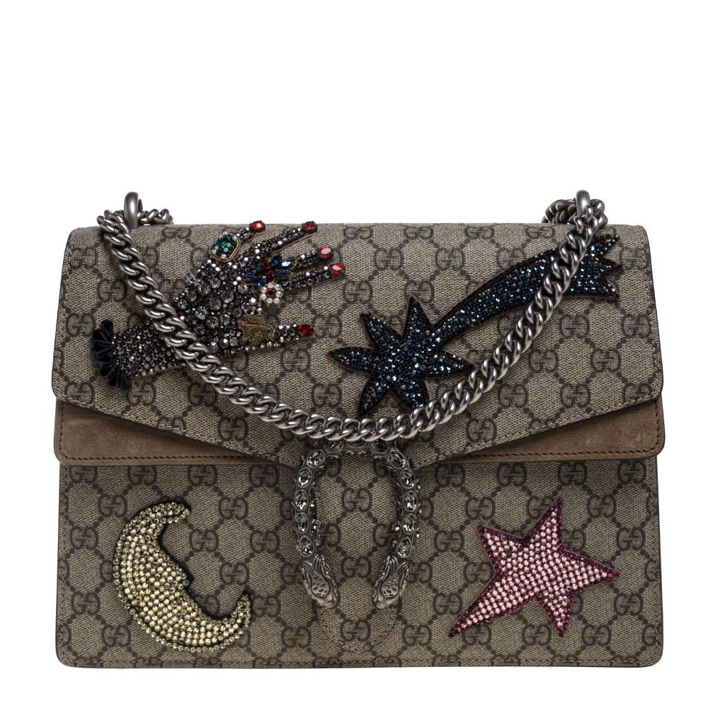 GucciGucci Beige GG Supreme Canvas and Suede Medium Crystal Embellished ...