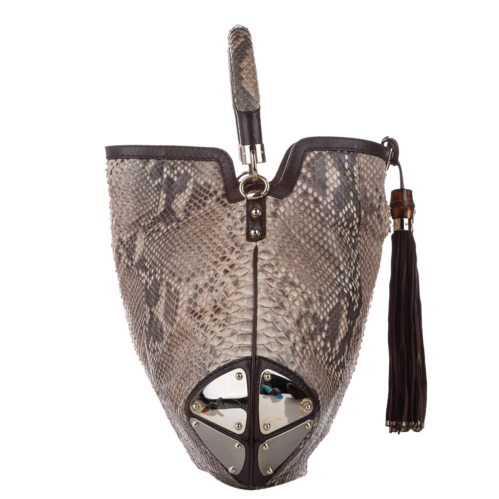 

Gucci Brown Python Leather Bamboo Indy Bag, Beige