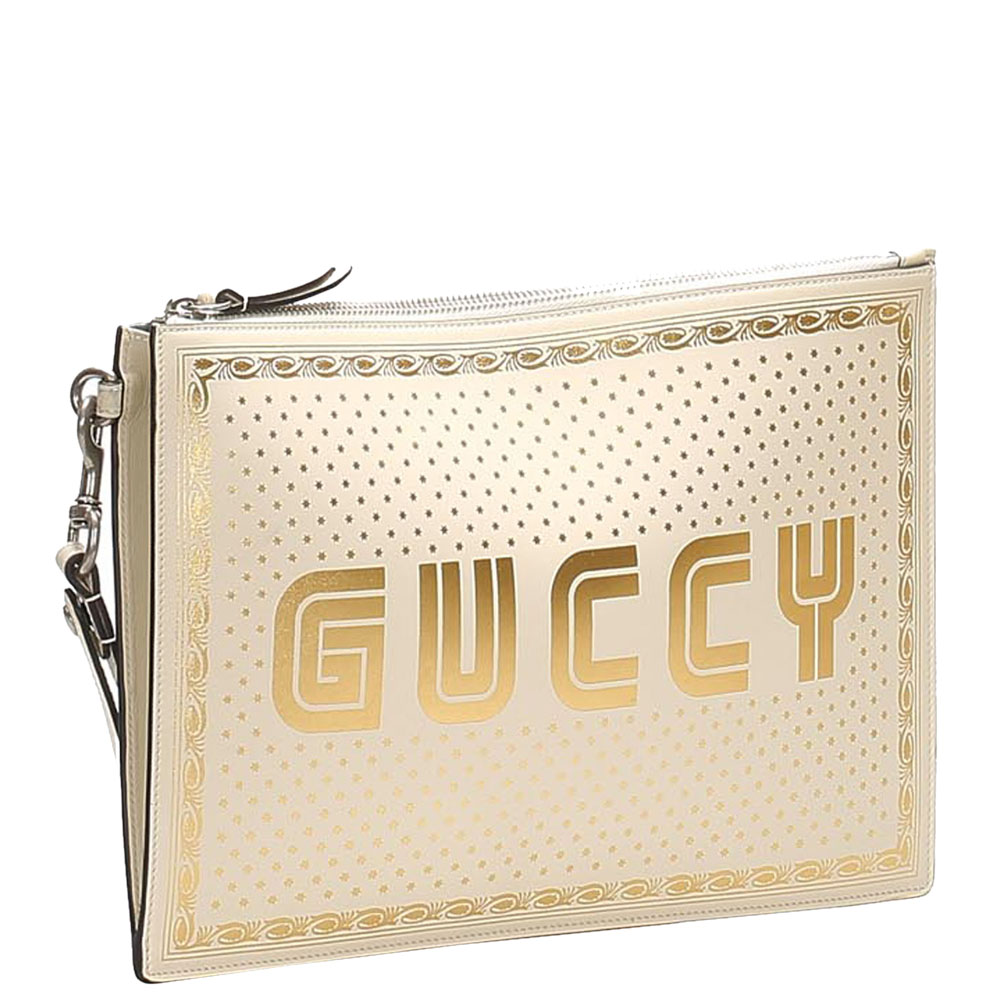 

Gucci White/Gold Guccy Sega Leather Clutch Bag