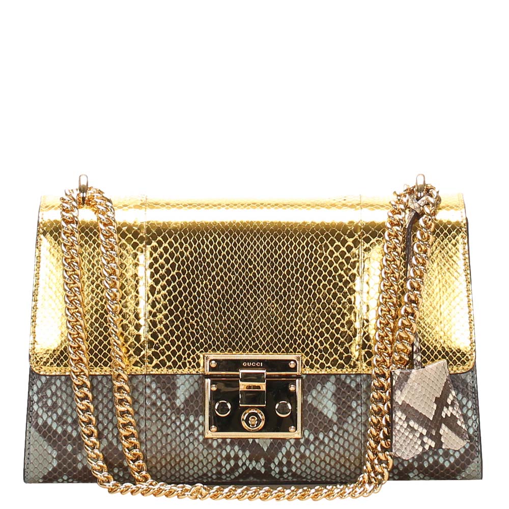 Pre-owned Gucci Gold Medium Padlock Python Leather Crossbody Bag