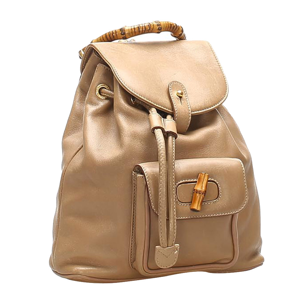 

Gucci Brown Leather Bamboo Drawstring Backpack, Beige