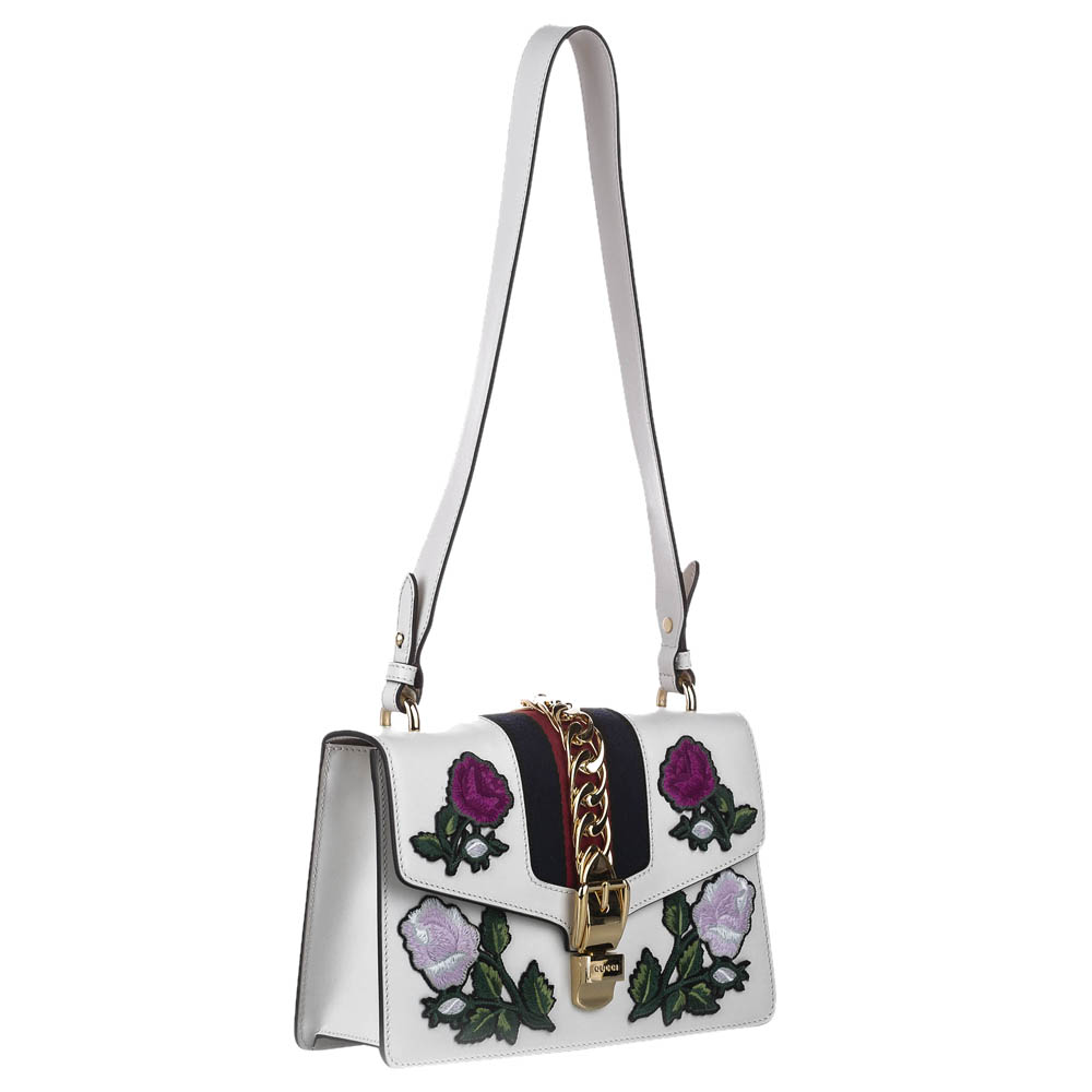 

Gucci White Embroidered Sylvie Leather Shoulder Bag, Multicolor