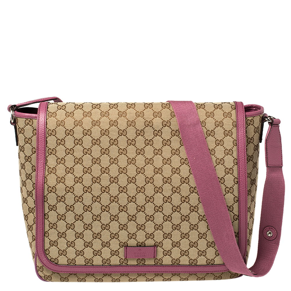 Pre-owned Gucci Beige/pink Gg Canvas And Leather Diaper Bag