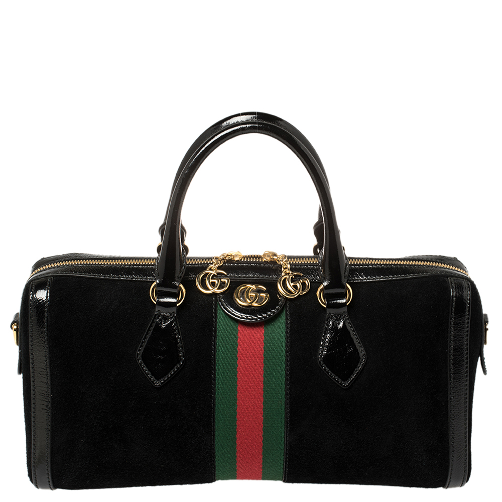 Pre-owned Gucci Black Suede And Patent Leather Ophidia Satchel
