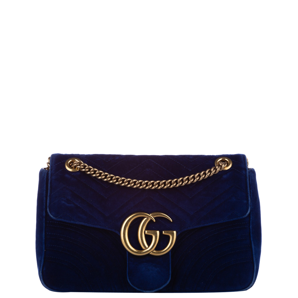 Pre-owned Gucci Blue Gg Marmont Matelasse Velour Shoulder Bag