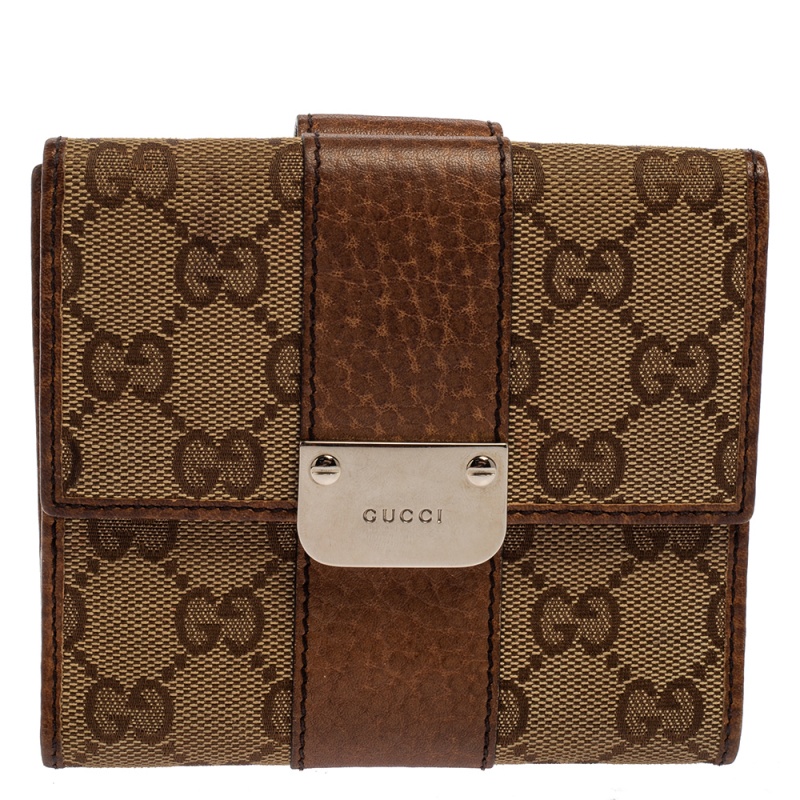 Pre-owned Gucci Beige/brown Gg Canvas And Leather Compact Wallet