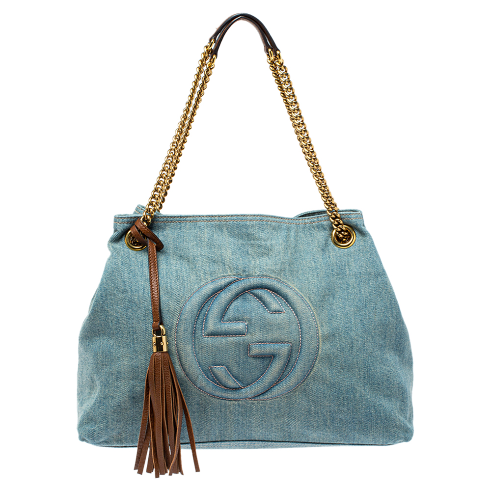 Pre-owned Gucci Blue/brown Denim And Leather Medium Soho Chain Tote