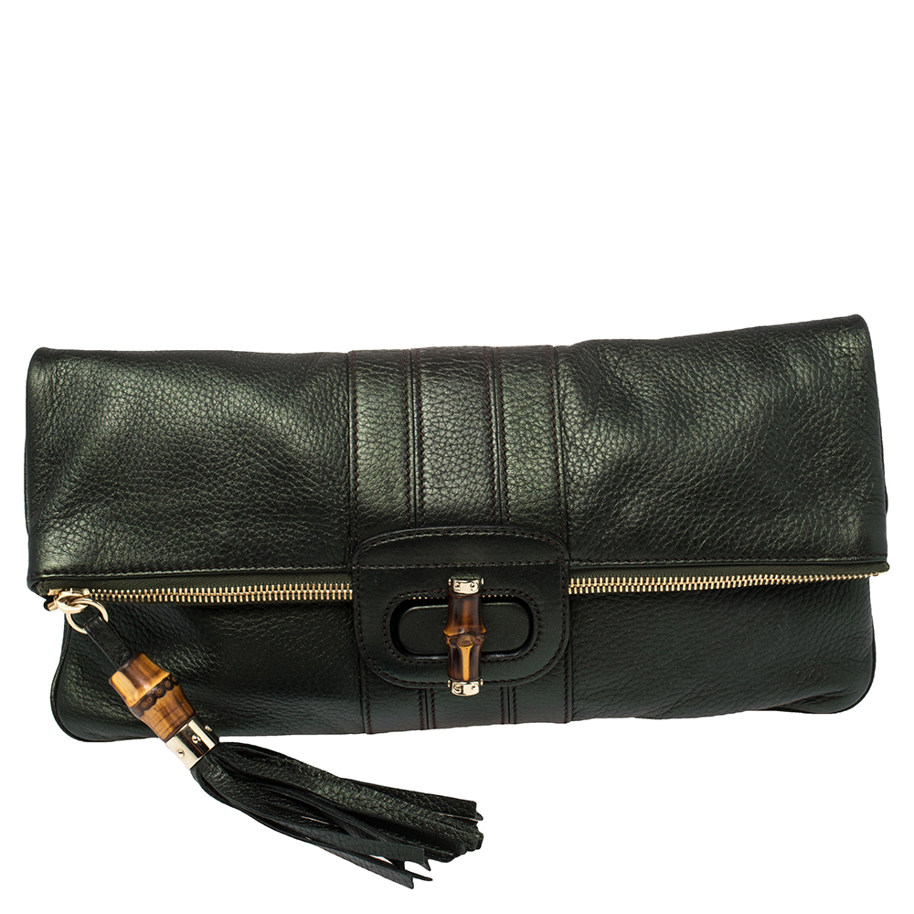 Pre-owned Gucci Metallic Green Leather Bamboo Detail Tassel Lucy Fold Over Clutch