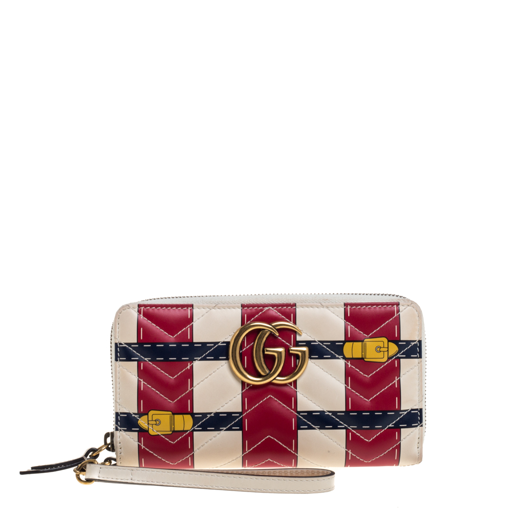 Pre-owned Gucci Multicolor Gg Marmont Leather Trompe L'oeil Zip Around Wristlet Wallet