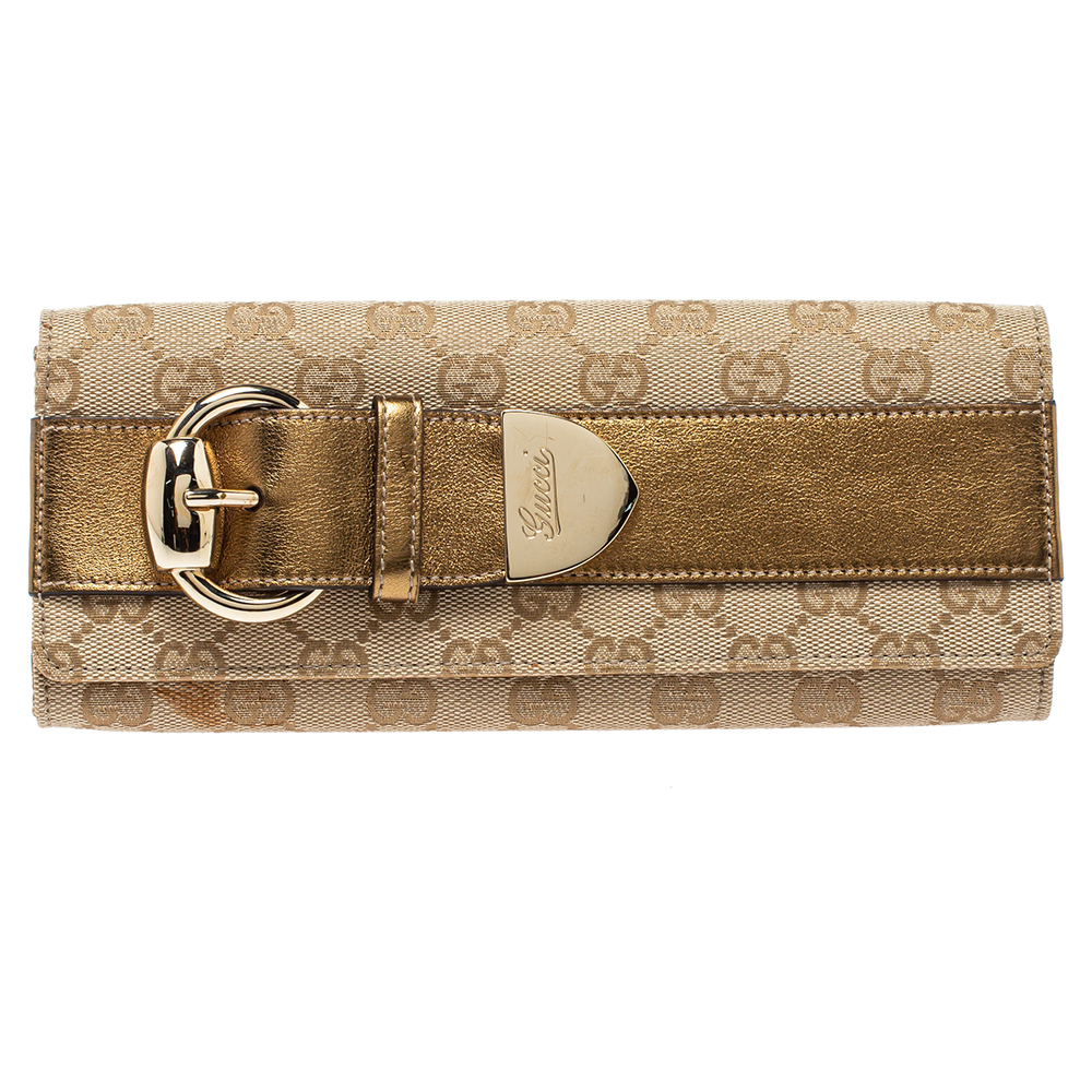 Pre-owned Gucci Beige/gold Gg Canvas And Leather Romy Clutch