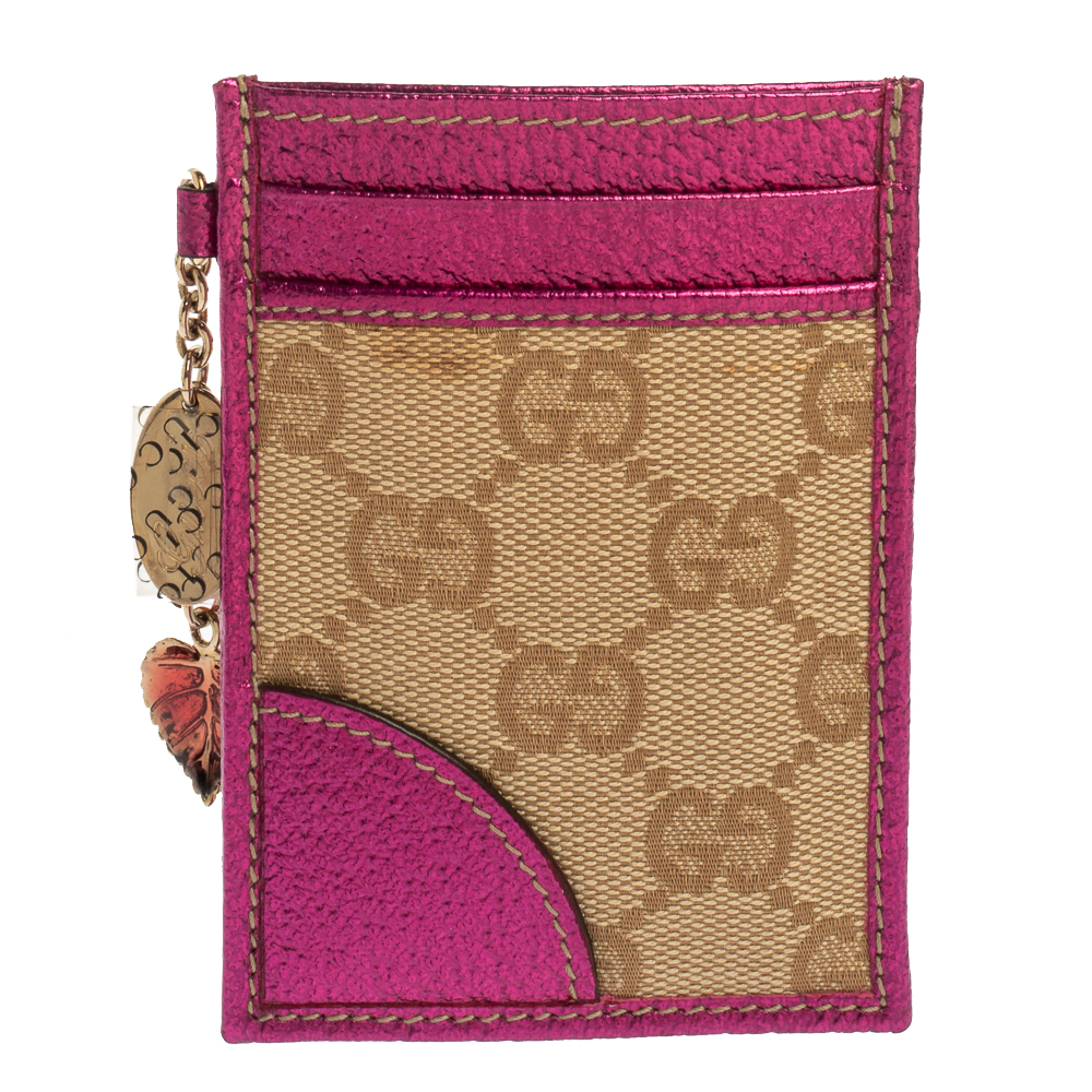 Pre-owned Gucci Pink/beige Gg Canvas And Leather Id Card Holder