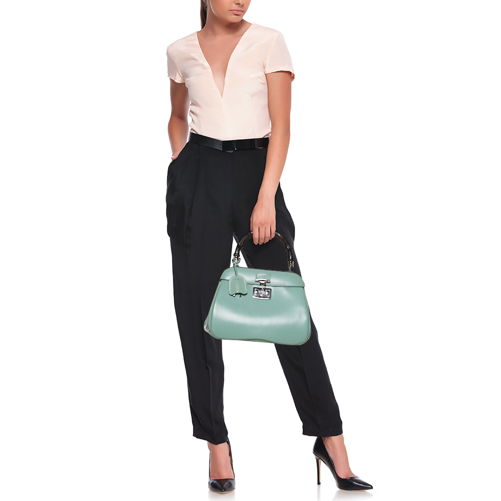 

Gucci Mint Green Patent Leather Lady Lock Bamboo Top Handle Bag