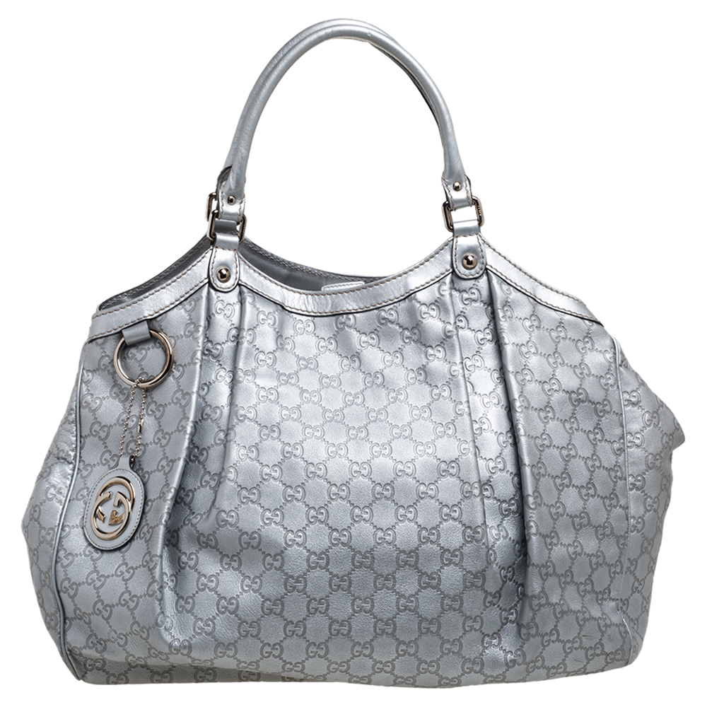 Pre-owned Gucci Ssima Leather Large Sukey Tote In Metallic