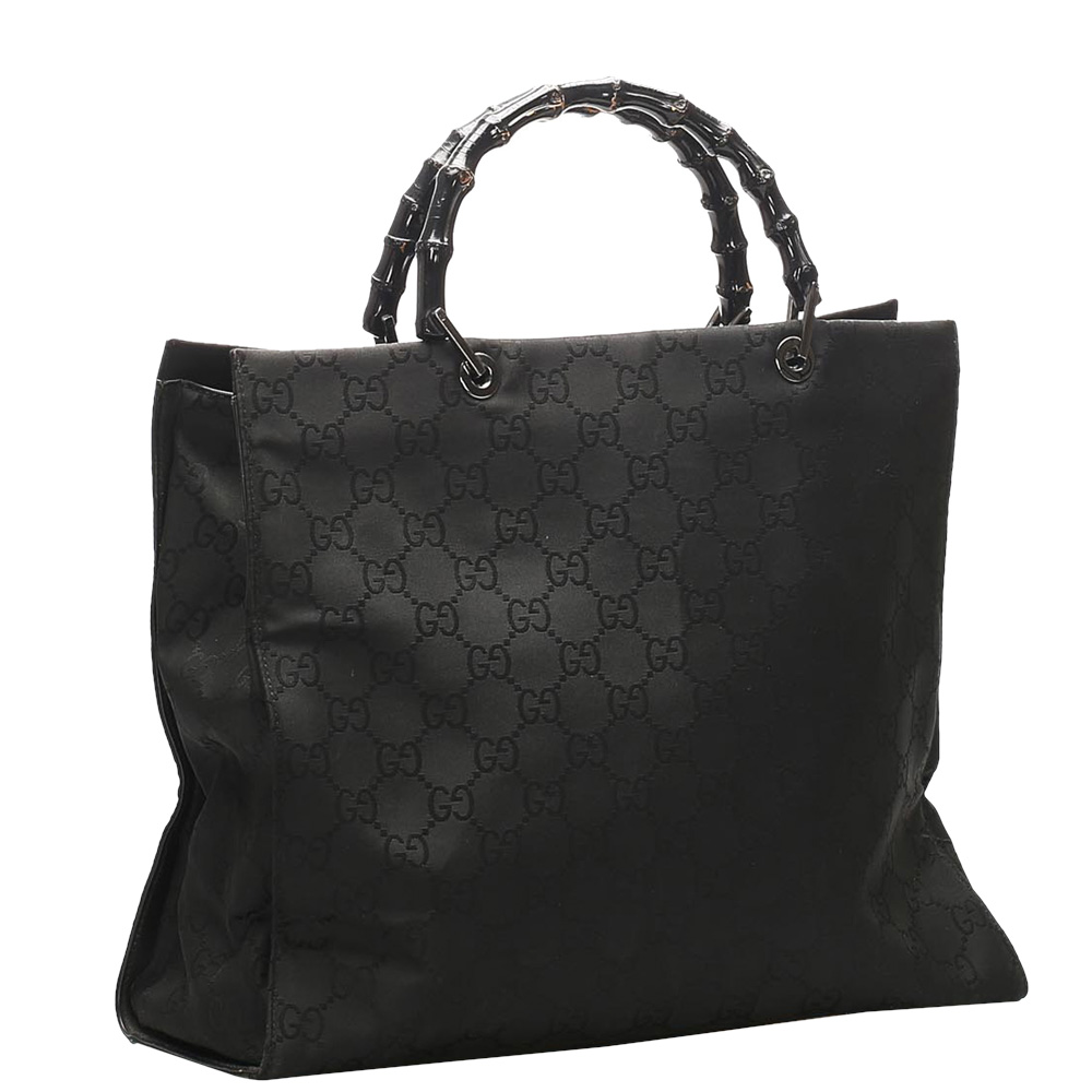 

Gucci Black GG Canvas Nylon Bamboo Tote Bag