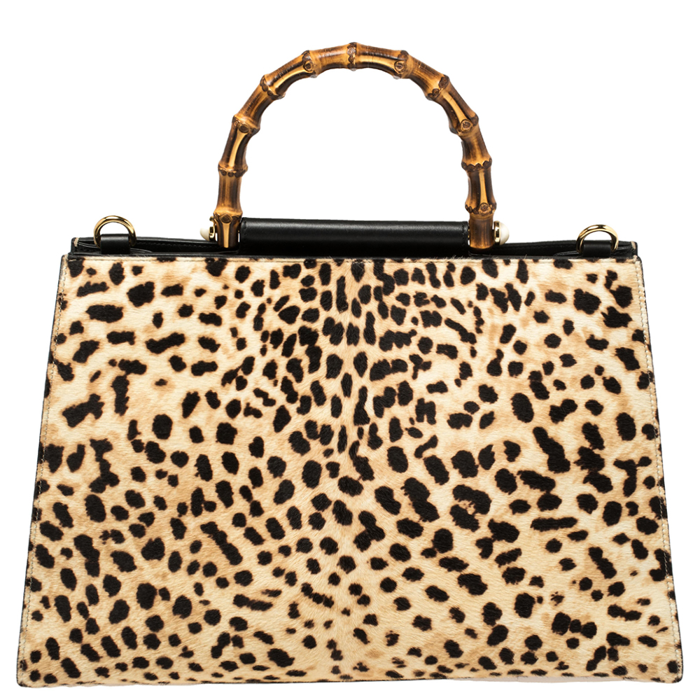 Pre-owned Gucci Black/beige Leopard Print Calfhair And Leather Nymphaea Top Handle Bag