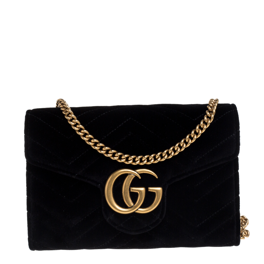 Pre-owned Gucci Black Chevron Velvet Gg Marmont Wallet On Chain