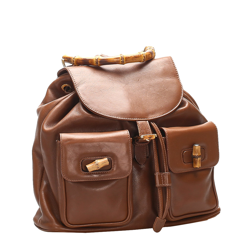 

Gucci Brown Leather Bamboo Drawstring Backpack