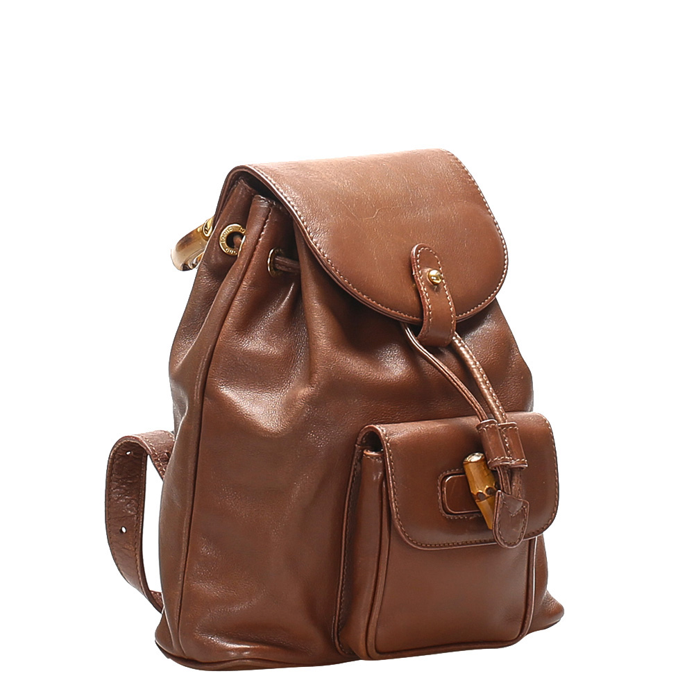 

Gucci Brown Leather Bamboo Drawstring Backpack