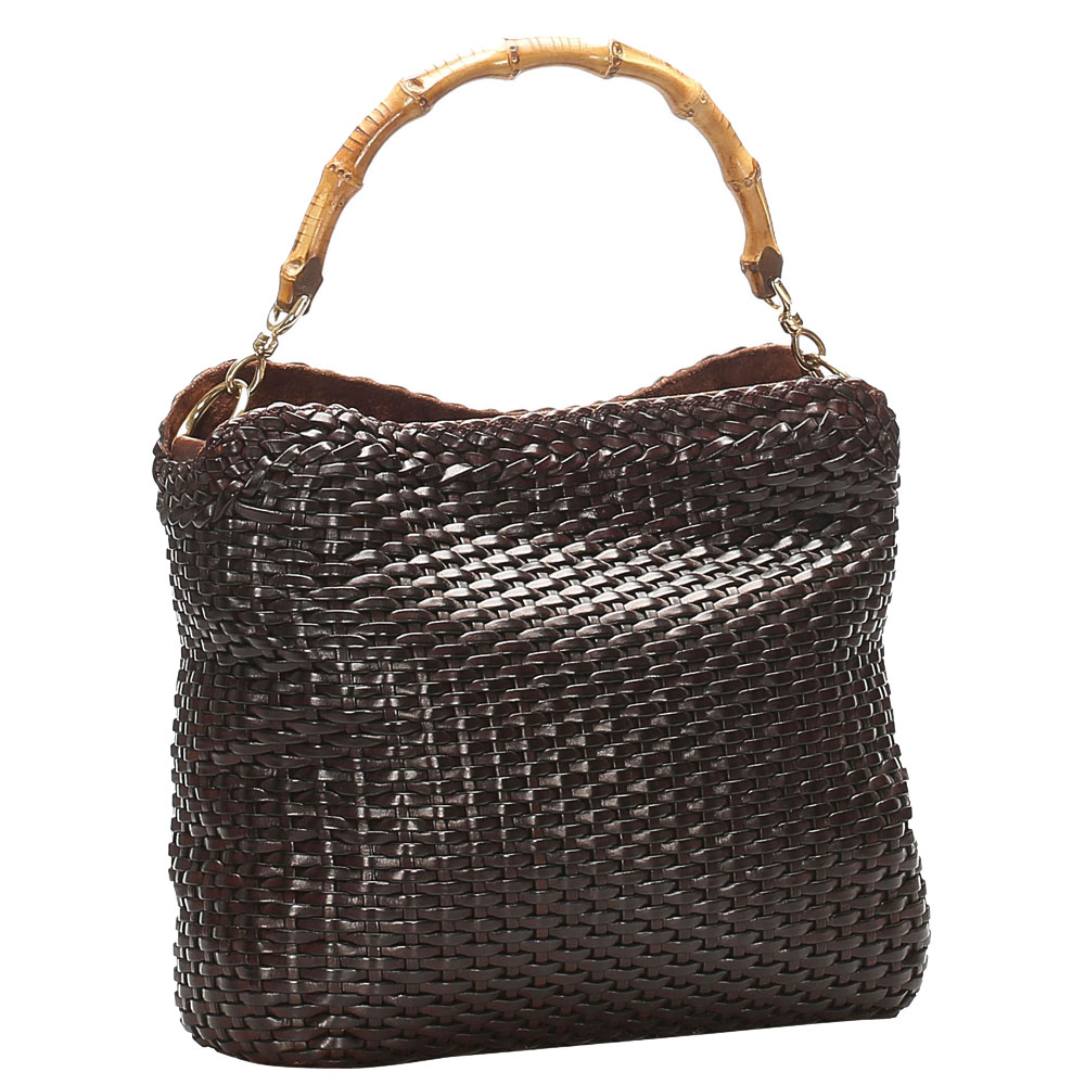 

Gucci Brown Woven Leather Bamboo Handle Bag