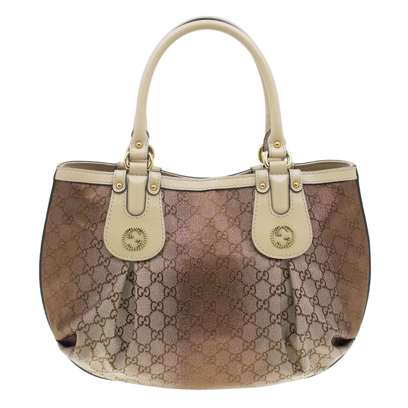 Gucci, Bags, Gucci Scarlett Stud Interlocking Gg Monogram Pinkbeige  Canvas Tote Bag